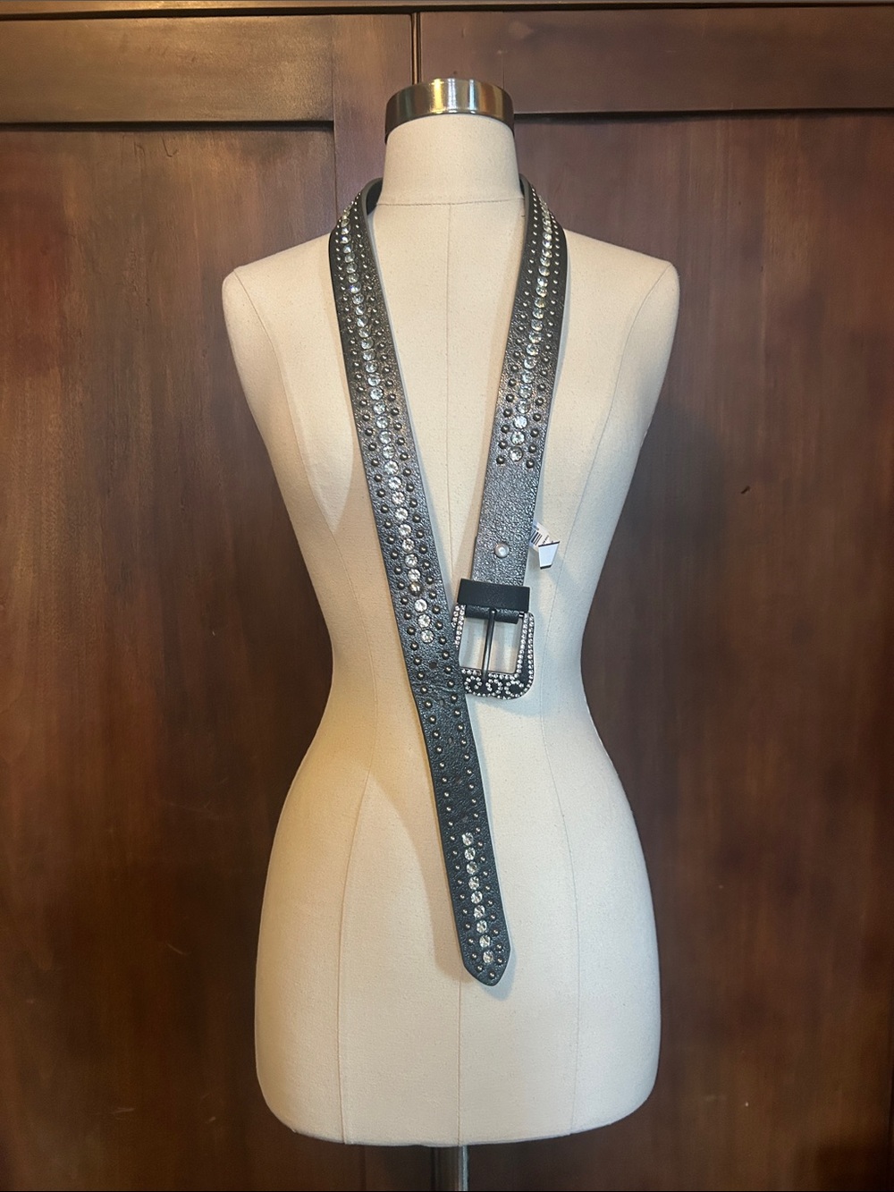 Brown Metallic Leather Rhinestone Studded Belt XL